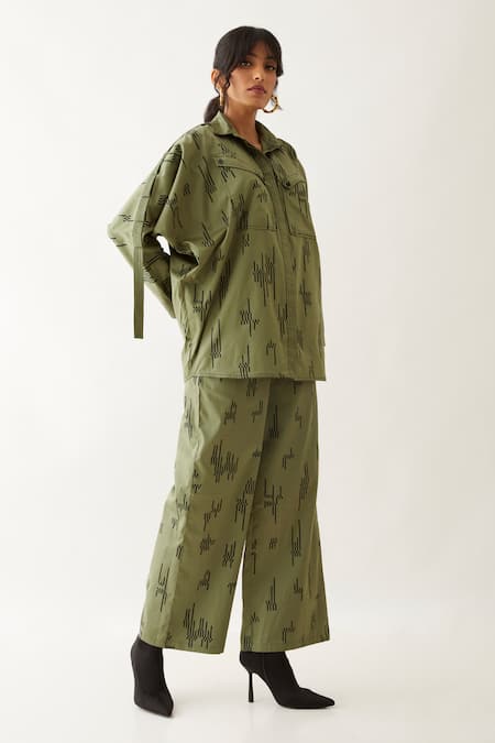 Buy_Son Of A Noble Snob_Green Cotton Satin Embroidery Caterpillar Siam Circuit Print Shirt With Pant _Online_at_Aza_Fashions