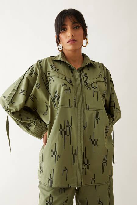 Shop_Son Of A Noble Snob_Green Cotton Satin Embroidery Caterpillar Siam Circuit Print Shirt With Pant _Online_at_Aza_Fashions