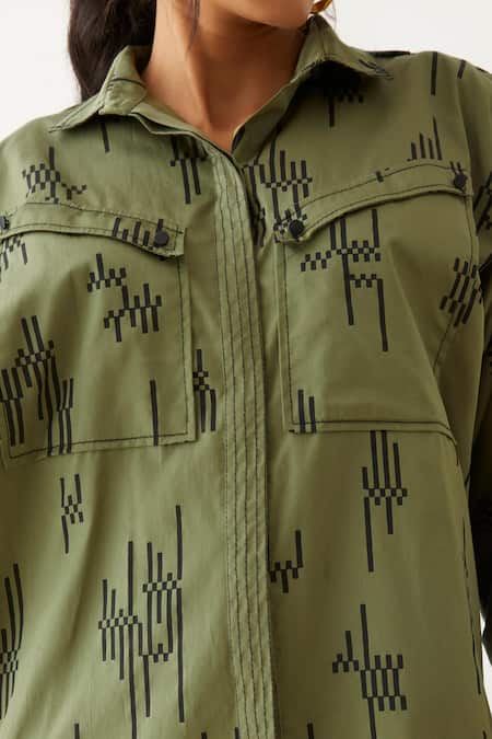 Son Of A Noble Snob Green Cotton Satin Embroidery Siam Circuit Print Tapered Sleeve Shirt at Aza Fashions Son Of A Noble Snob_Green Cotton Satin Embroidery Siam Circuit Print Tapered Sleeve Shirt _at_Aza_Fashions