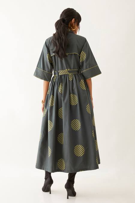 Shop Son Of A Noble Snob Grey Cotton Satin Print Spot Lapel Collar Siena Double Breasted Dress at Aza Fashions Shop_Son Of A Noble Snob_Grey Cotton Satin Print Spot Lapel Collar Siena Double Breasted Dress _at_Aza_Fashions