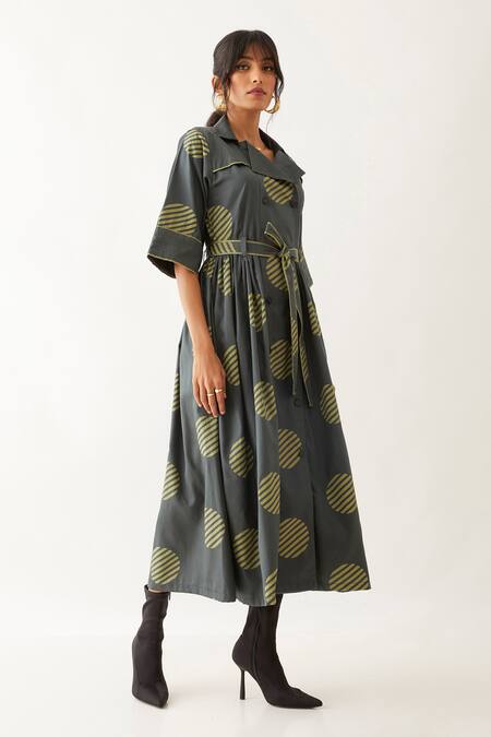 Son Of A Noble Snob Grey Cotton Satin Print Spot Lapel Collar Siena Double Breasted Dress Online at Aza Fashions Son Of A Noble Snob_Grey Cotton Satin Print Spot Lapel Collar Siena Double Breasted Dress _Online_at_Aza_Fashions