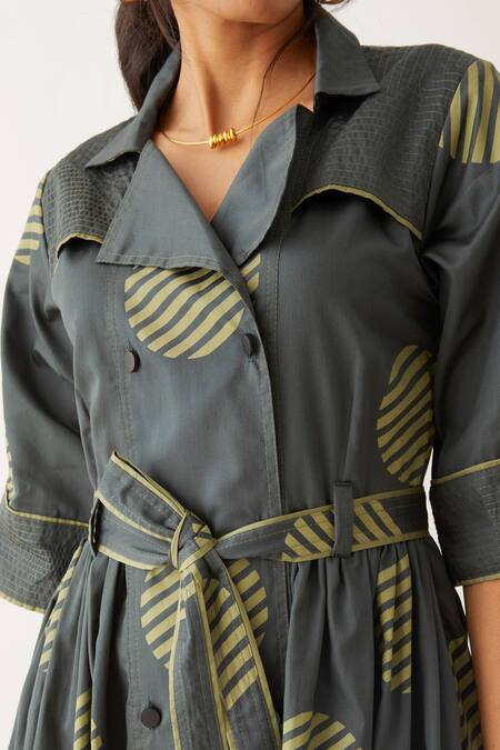 Buy Son Of A Noble Snob Grey Cotton Satin Print Spot Lapel Collar Siena Double Breasted Dress Online at Aza Fashions Buy_Son Of A Noble Snob_Grey Cotton Satin Print Spot Lapel Collar Siena Double Breasted Dress _Online_at_Aza_Fashions