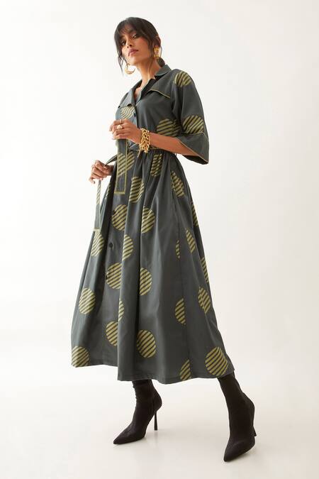 Shop Son Of A Noble Snob Grey Cotton Satin Print Spot Lapel Collar Siena Double Breasted Dress Online at Aza Fashions Shop_Son Of A Noble Snob_Grey Cotton Satin Print Spot Lapel Collar Siena Double Breasted Dress _Online_at_Aza_Fashions