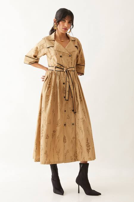 Son Of A Noble Snob_Beige Cotton Satin Print Spot Lapel Collar Siena Botanica Double Breasted Dress _Online_at_Aza_Fashions