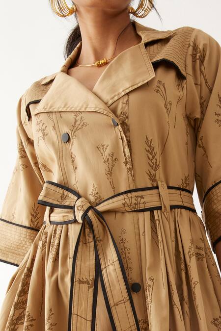 Buy_Son Of A Noble Snob_Beige Cotton Satin Print Spot Lapel Collar Siena Botanica Double Breasted Dress _Online_at_Aza_Fashions