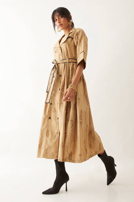 Shop_Son Of A Noble Snob_Beige Cotton Satin Print Spot Lapel Collar Siena Botanica Double Breasted Dress _Online_at_Aza_Fashions