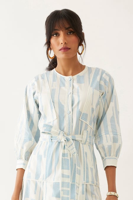 Son Of A Noble Snob_Off White Cotton Satin Print Spaces Round Silie Button Down Dress _Online_at_Aza_Fashions