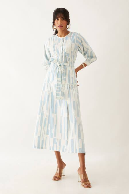 Buy_Son Of A Noble Snob_Off White Cotton Satin Print Spaces Round Silie Button Down Dress _Online_at_Aza_Fashions