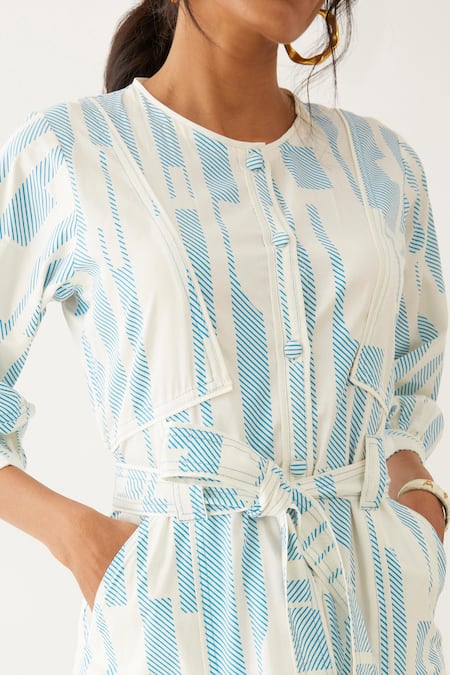 Shop_Son Of A Noble Snob_Off White Cotton Satin Print Spaces Round Silie Button Down Dress _Online_at_Aza_Fashions