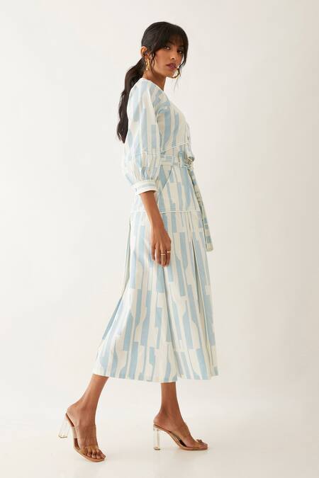 Son Of A Noble Snob_Off White Cotton Satin Print Spaces Round Silie Button Down Dress _at_Aza_Fashions