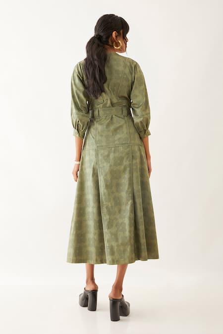 Shop Son Of A Noble Snob Green Cotton Satin Print Flora Round Silie Button Down Dress at Aza Fashions Shop_Son Of A Noble Snob_Green Cotton Satin Print Flora Round Silie Button Down Dress _at_Aza_Fashions