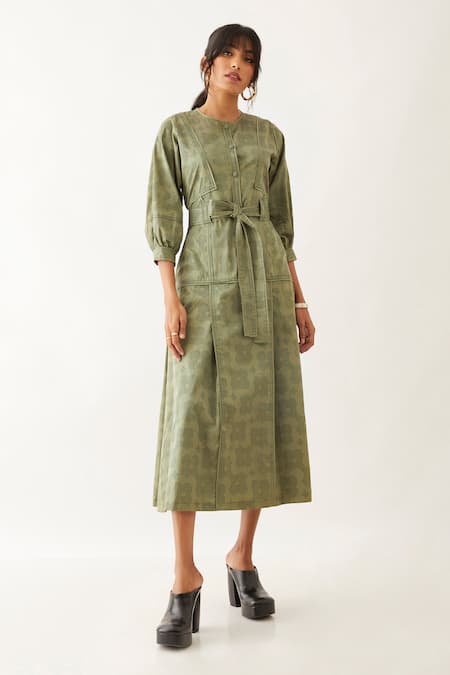 Son Of A Noble Snob Green Cotton Satin Print Flora Round Silie Button Down Dress Online at Aza Fashions Son Of A Noble Snob_Green Cotton Satin Print Flora Round Silie Button Down Dress _Online_at_Aza_Fashions