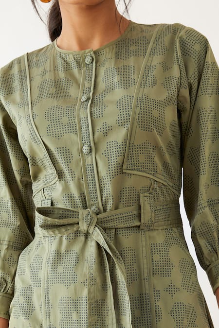 Buy Son Of A Noble Snob Green Cotton Satin Print Flora Round Silie Button Down Dress Online at Aza Fashions Buy_Son Of A Noble Snob_Green Cotton Satin Print Flora Round Silie Button Down Dress _Online_at_Aza_Fashions