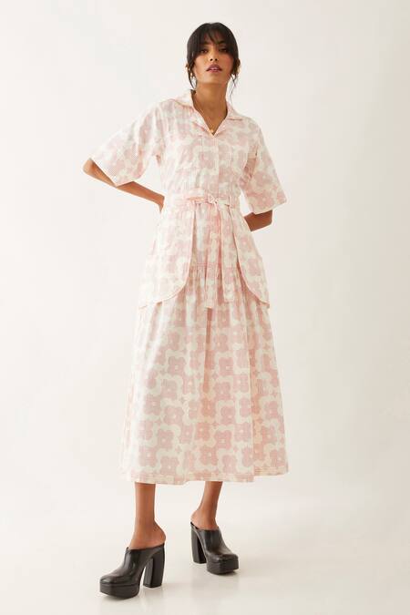 Son Of A Noble Snob_Off White Cotton Satin Print Flora Notch Collar Tahiti Gathered Dress _Online_at_Aza_Fashions