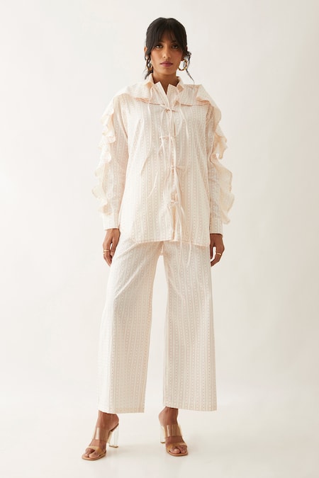 Son of A Noble Snob Off White Cotton Satin Print Lane Collar Tori Ruffled Shirt With Pant 