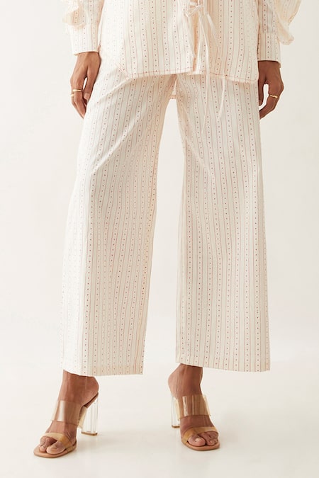 Son Of A Noble Snob Off White Cotton Satin Print Lane Collar Tori Ruffled Shirt With Pant Online at Aza Fashions Son Of A Noble Snob_Off White Cotton Satin Print Lane Collar Tori Ruffled Shirt With Pant _Online_at_Aza_Fashions