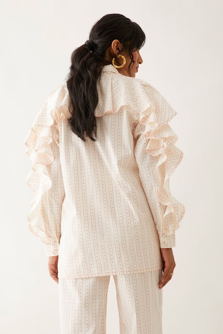 Son Of A Noble Snob Off White Cotton Satin Print Lane Collar Tori Ruffled Sleeve Shirt Online at Aza Fashions Son Of A Noble Snob_Off White Cotton Satin Print Lane Collar Tori Ruffled Sleeve Shirt _Online_at_Aza_Fashions