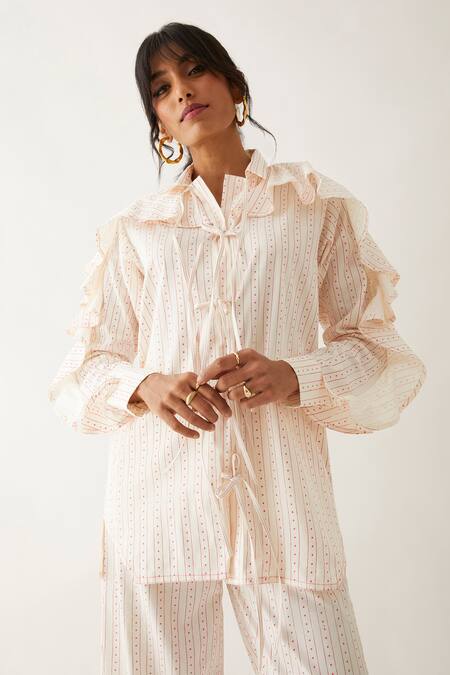 Buy Son Of A Noble Snob Off White Cotton Satin Print Lane Collar Tori Ruffled Sleeve Shirt Online at Aza Fashions Buy_Son Of A Noble Snob_Off White Cotton Satin Print Lane Collar Tori Ruffled Sleeve Shirt _Online_at_Aza_Fashions