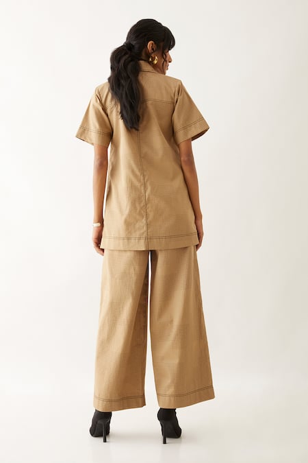 Shop Son Of A Noble Snob Beige Cotton Satin Print Block Lapel Collar Wallie Boxy Shirt With Pant at Aza Fashions Shop_Son Of A Noble Snob_Beige Cotton Satin Print Block Lapel Collar Wallie Boxy Shirt With Pant _at_Aza_Fashions