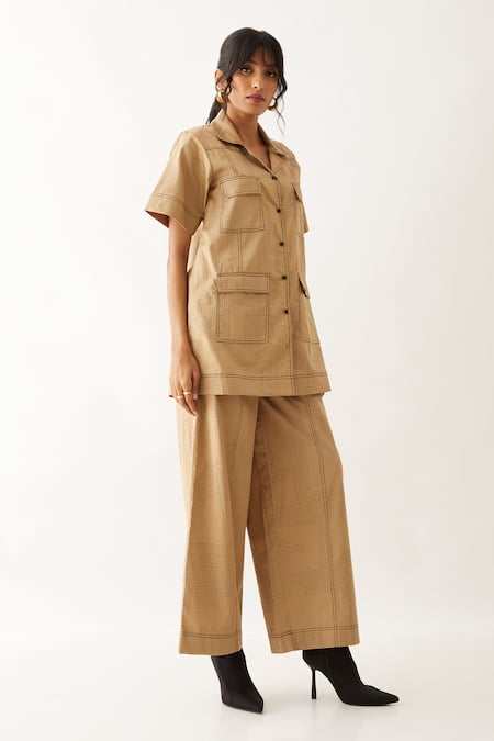 Son Of A Noble Snob Beige Cotton Satin Print Block Lapel Collar Wallie Boxy Shirt With Pant Online at Aza Fashions Son Of A Noble Snob_Beige Cotton Satin Print Block Lapel Collar Wallie Boxy Shirt With Pant _Online_at_Aza_Fashions