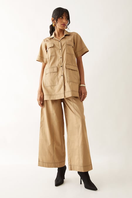 Shop Son Of A Noble Snob Beige Cotton Satin Print Block Lapel Collar Wallie Boxy Shirt With Pant Online at Aza Fashions Shop_Son Of A Noble Snob_Beige Cotton Satin Print Block Lapel Collar Wallie Boxy Shirt With Pant _Online_at_Aza_Fashions