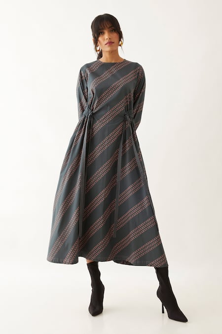 Son Of A Noble Snob_Grey Cotton Satin Printed Carnival Round Amore Dress _Online_at_Aza_Fashions