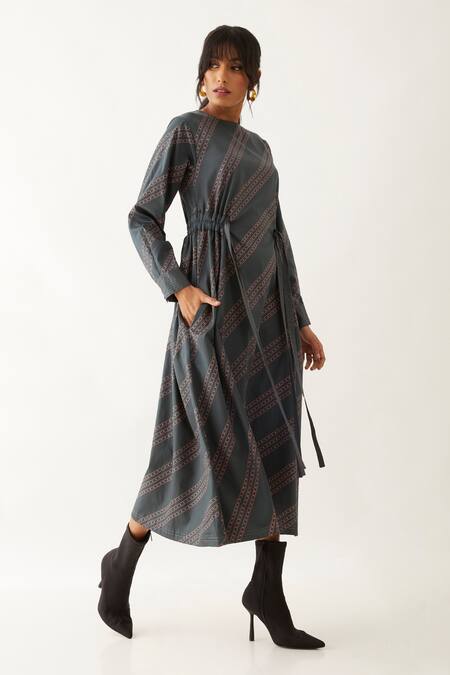 Buy_Son Of A Noble Snob_Grey Cotton Satin Printed Carnival Round Amore Dress _Online_at_Aza_Fashions