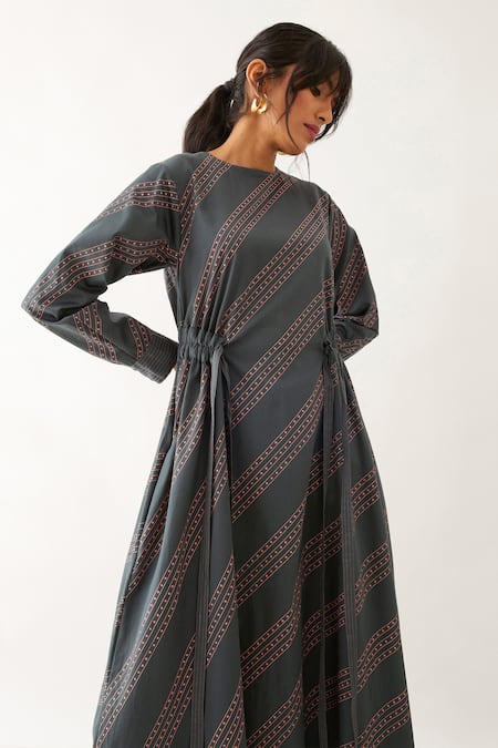 Shop_Son Of A Noble Snob_Grey Cotton Satin Printed Carnival Round Amore Dress _Online_at_Aza_Fashions