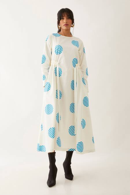 Son Of A Noble Snob_Off White Cotton Satin Printed Spot Round Amore Dress _Online_at_Aza_Fashions