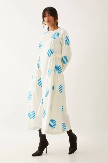 Buy_Son Of A Noble Snob_Off White Cotton Satin Printed Spot Round Amore Dress _Online_at_Aza_Fashions
