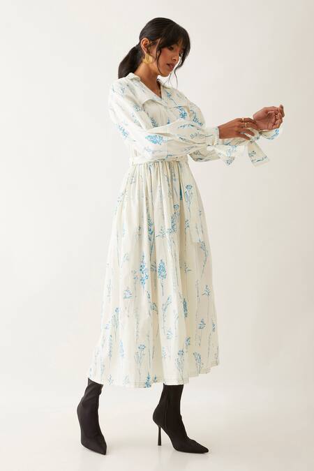 Son Of A Noble Snob Off White Cotton Satin Printed Botanica Shirt Collar Anya Dress Online at Aza Fashions Son Of A Noble Snob_Off White Cotton Satin Printed Botanica Shirt Collar Anya Dress _Online_at_Aza_Fashions