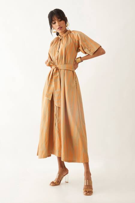 Son Of A Noble Snob Beige Cotton Satin Printed Spaces Circuit Shirt Collar Aspen Dress Online at Aza Fashions Son Of A Noble Snob_Beige Cotton Satin Printed Spaces Circuit Shirt Collar Aspen Dress _Online_at_Aza_Fashions