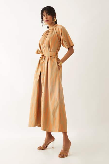 Shop Son Of A Noble Snob Beige Cotton Satin Printed Spaces Circuit Shirt Collar Aspen Dress Online at Aza Fashions Shop_Son Of A Noble Snob_Beige Cotton Satin Printed Spaces Circuit Shirt Collar Aspen Dress _Online_at_Aza_Fashions