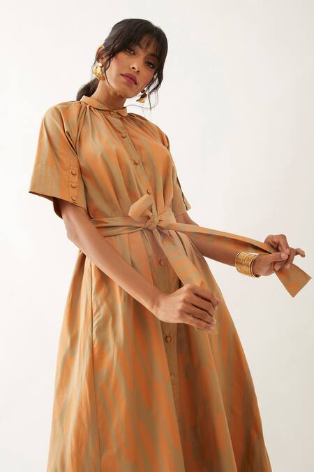 Son Of A Noble Snob Beige Cotton Satin Printed Spaces Circuit Shirt Collar Aspen Dress at Aza Fashions Son Of A Noble Snob_Beige Cotton Satin Printed Spaces Circuit Shirt Collar Aspen Dress _at_Aza_Fashions