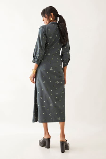 Shop Son Of A Noble Snob Grey Cotton Satin Printed Elements Shirt Collar Avery Wrap Dress at Aza Fashions Shop_Son Of A Noble Snob_Grey Cotton Satin Printed Elements Shirt Collar Avery Wrap Dress _at_Aza_Fashions