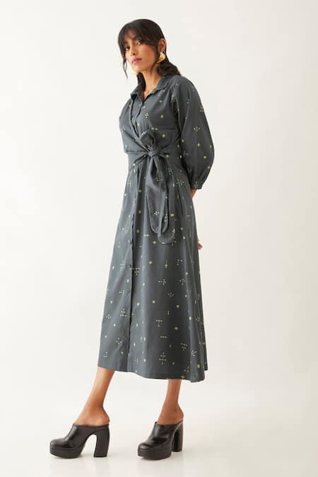 Son Of A Noble Snob Grey Cotton Satin Printed Elements Shirt Collar Avery Wrap Dress Online at Aza Fashions Son Of A Noble Snob_Grey Cotton Satin Printed Elements Shirt Collar Avery Wrap Dress _Online_at_Aza_Fashions