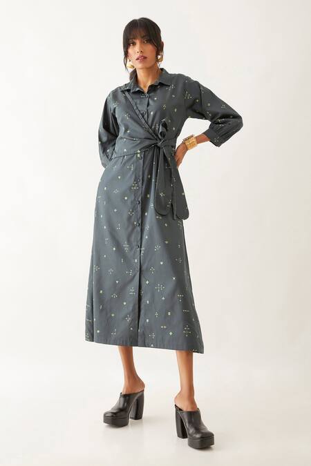 Buy Grey Cotton Satin Printed Elements Shirt Collar Avery Wrap Dress For Women by Son of A Noble Snob Online at Aza Fashions in US