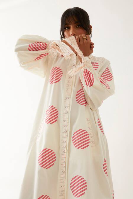 Son Of A Noble Snob Off White Cotton Satin Printed Spot Shirt Collar Boston Dress Online at Aza Fashions Son Of A Noble Snob_Off White Cotton Satin Printed Spot Shirt Collar Boston Dress _Online_at_Aza_Fashions