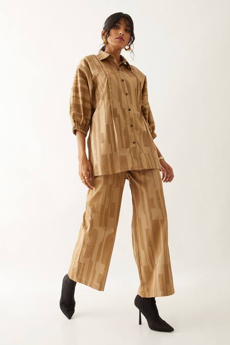 Shop_Son Of A Noble Snob_Beige Cotton Satin Printed Spaces Shirt Collar Dana With Trousers _Online_at_Aza_Fashions