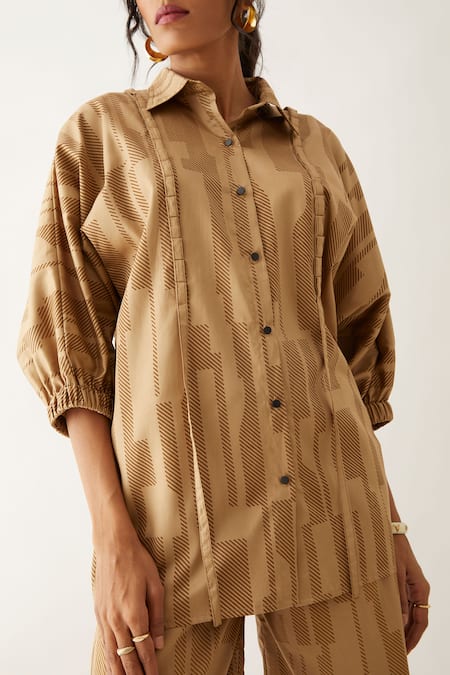 Son Of A Noble Snob_Beige Cotton Satin Printed Spaces Shirt Collar Dana _at_Aza_Fashions