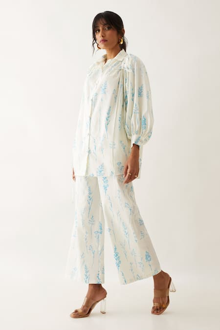 Son Of A Noble Snob_Off White Cotton Satin Shawl Neck Erno Botanica Print Shirt With Trouser _Online_at_Aza_Fashions