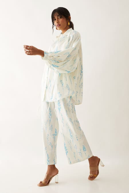 Buy_Son Of A Noble Snob_Off White Cotton Satin Shawl Neck Erno Botanica Print Shirt With Trouser _Online_at_Aza_Fashions