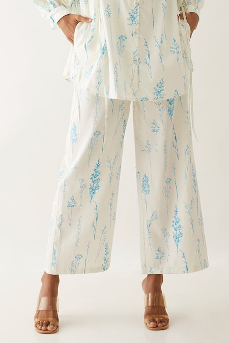 Shop_Son Of A Noble Snob_Off White Cotton Satin Shawl Neck Erno Botanica Print Shirt With Trouser _Online_at_Aza_Fashions