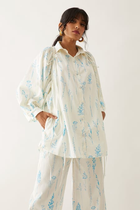 Son Of A Noble Snob_Off White Cotton Satin Shawl Neck Erno Botanica Print Shirt With Trouser _at_Aza_Fashions