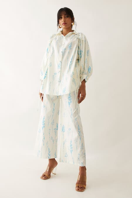 Buy_Son Of A Noble Snob_Off White Cotton Satin Shawl Neck Erno Botanica Print Shirt With Trouser 