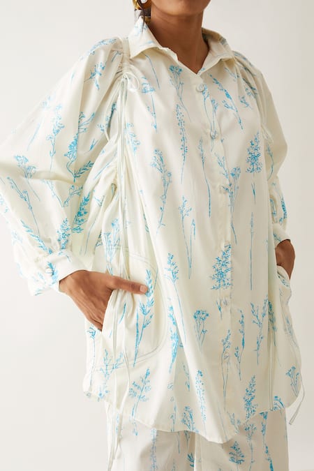 Shop_Son Of A Noble Snob_Off White Cotton Satin Shawl Neck Erno Botanica Print Shirt With Trouser 