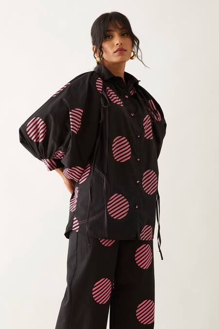 Son Of A Noble Snob Black Cotton Satin Printed Spot Shirt Collar Erno Online at Aza Fashions Son Of A Noble Snob_Black Cotton Satin Printed Spot Shirt Collar Erno _Online_at_Aza_Fashions