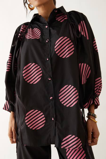 Son Of A Noble Snob Black Cotton Satin Printed Spot Shirt Collar Erno at Aza Fashions Son Of A Noble Snob_Black Cotton Satin Printed Spot Shirt Collar Erno _at_Aza_Fashions