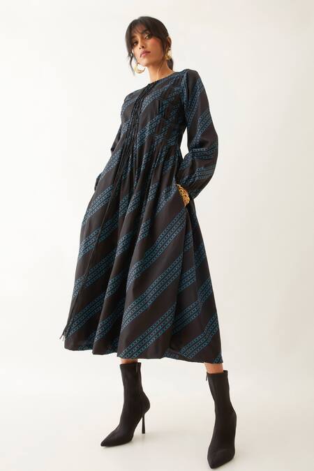 Shop_Son Of A Noble Snob_Black Cotton Satin Round Neck Hazel Carnival Print Dress _Online_at_Aza_Fashions