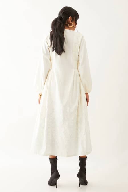 Shop_Son Of A Noble Snob_Off White Cotton Satin Round Neck Hazel Iris Print Dress _at_Aza_Fashions